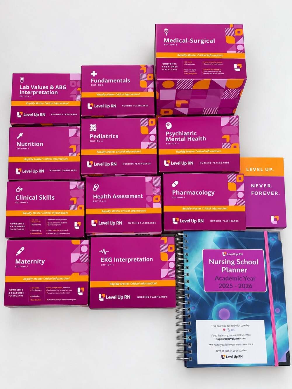 Level Up RN Nursing Flashcards Bundle – 10 Subjects + Nursing School Planner